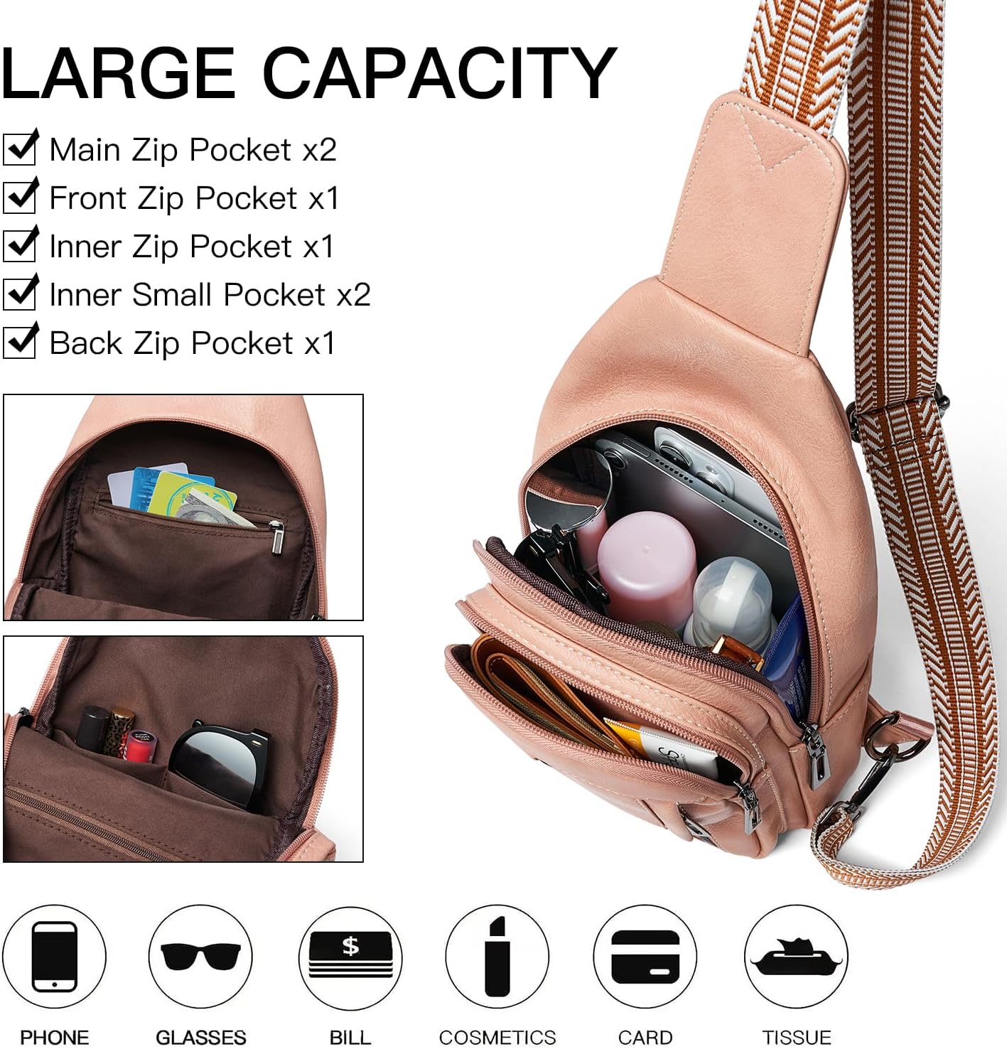 7L Sling Bag for Women Men Leather Small Sling Backpack Daypack Anti Theft Fanny Pack Crossbody Purse Travel