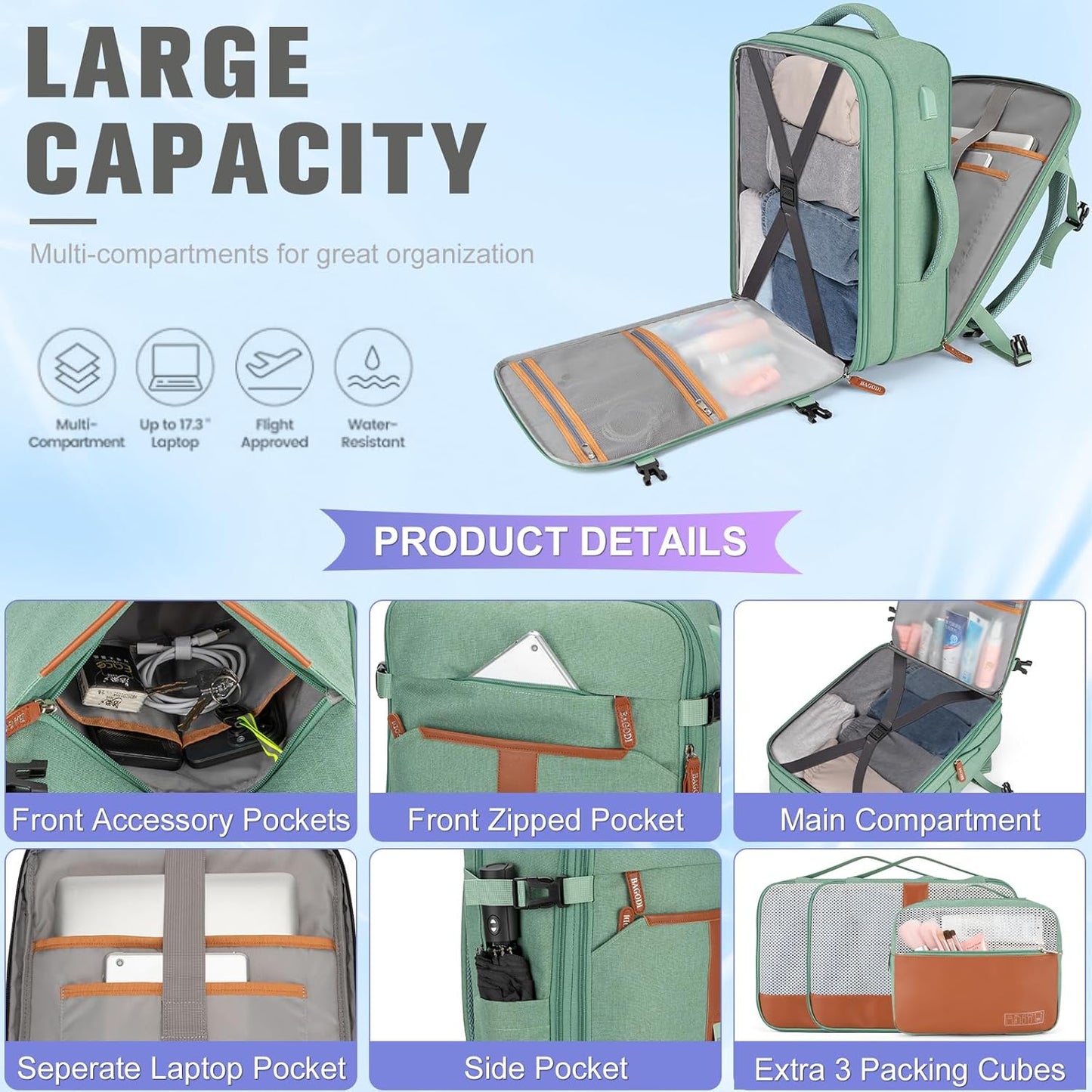 42L Travel Laptop Backpack, Expandable Carry-on Luggage, Anti-Theft Business Weekender Bag with USB Port, 3 Packing Cubes & Shoe Bag (Green)