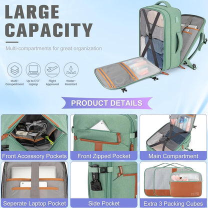 42L Travel Laptop Backpack, Expandable Carry-on Luggage, Anti-Theft Business Weekender Bag with USB Port, 3 Packing Cubes & Shoe Bag (Green)