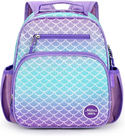 mibasies Toddler Backpack for Girls 2-4: Glitter Kids Backpacks for Girls - Preschool Kindergarten Backpack - Fish Scale Purple