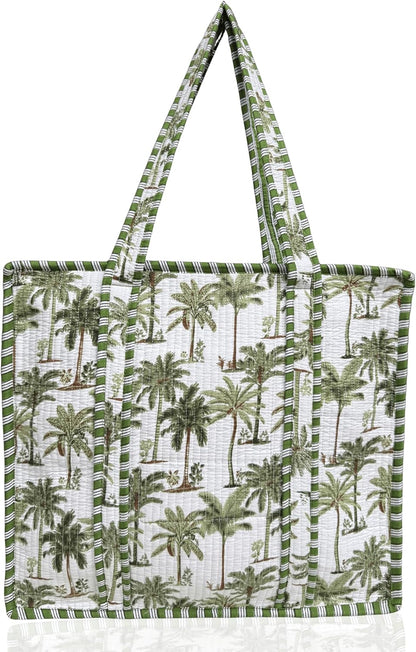 Cotton Quilted Tote Bag for Women – Large Beach & Travel Tote with Zipper, Reusable Grocery Bag