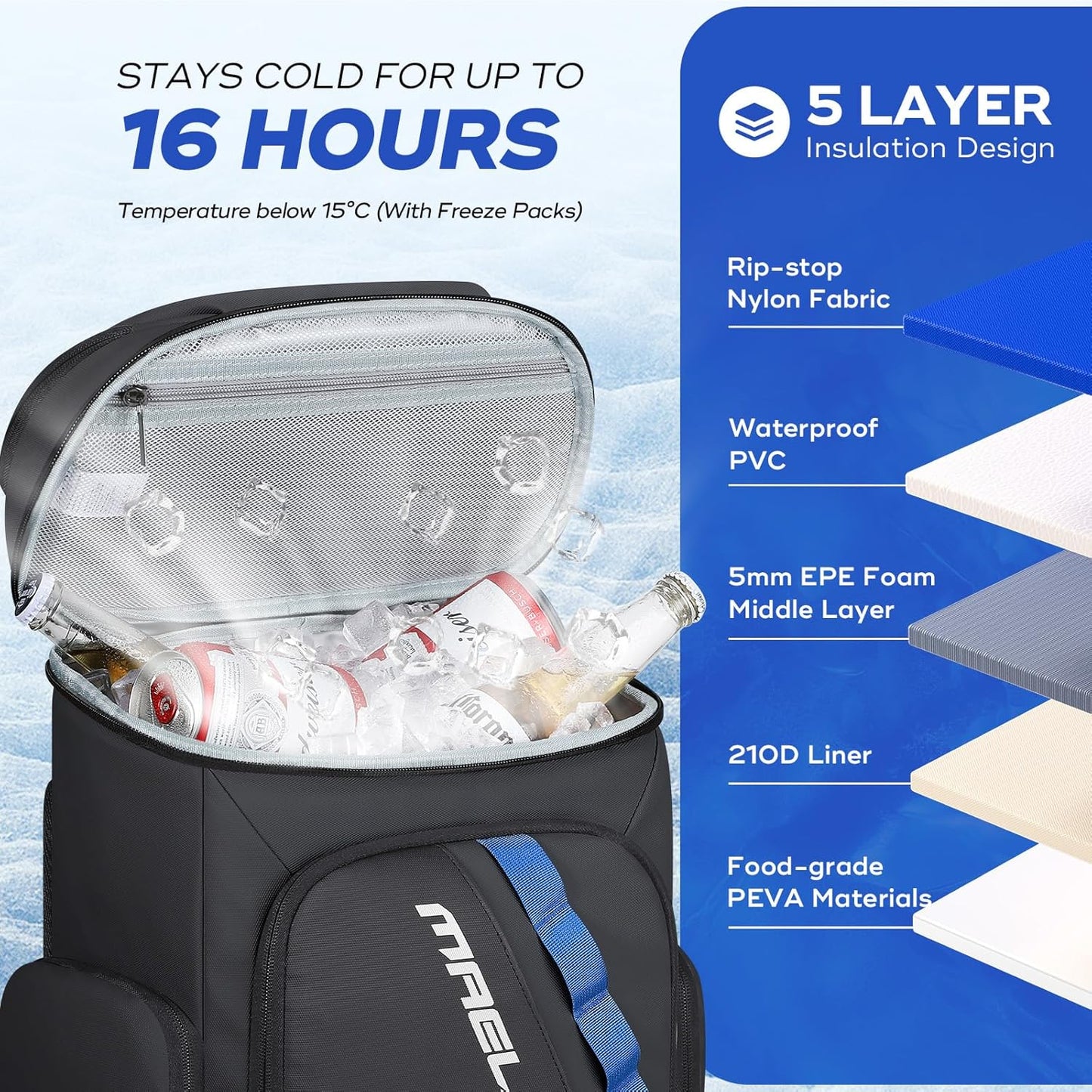 Maelstrom Backpack Cooler,36 Can Cooler Backpack,Soft Cooler Bag Insulated Leakproof,Lightweight Ice Chest Backpack,Travel Cooler Lunch Backpack for Camping,Hiking,Beach,Black