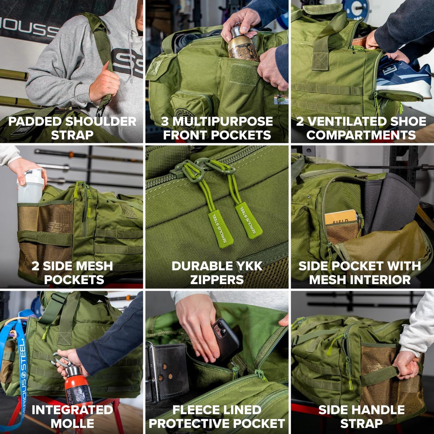 Serious Steel Fitness Heavy Duty 1000D Nylon Duffel Gym Bag (Green - Big Bud)