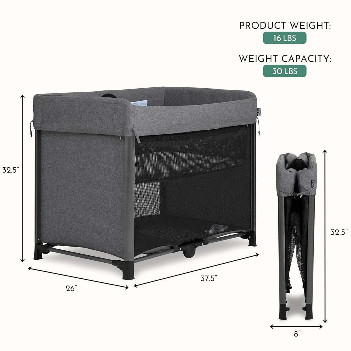 Evolur Zane Portable Playard – Foldable, Removable Mattress, Easy to Use Baby Bassinet for Travel & Home, Grey