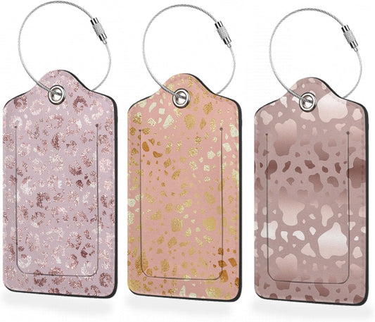 3 Pack Luggage Tag for Suitcase,Glitter Rose Gold Leather Luggage Tags with Privacy Cover Name ID Label Identifiers Travel Bag Tags for Women Men Boys Girls
