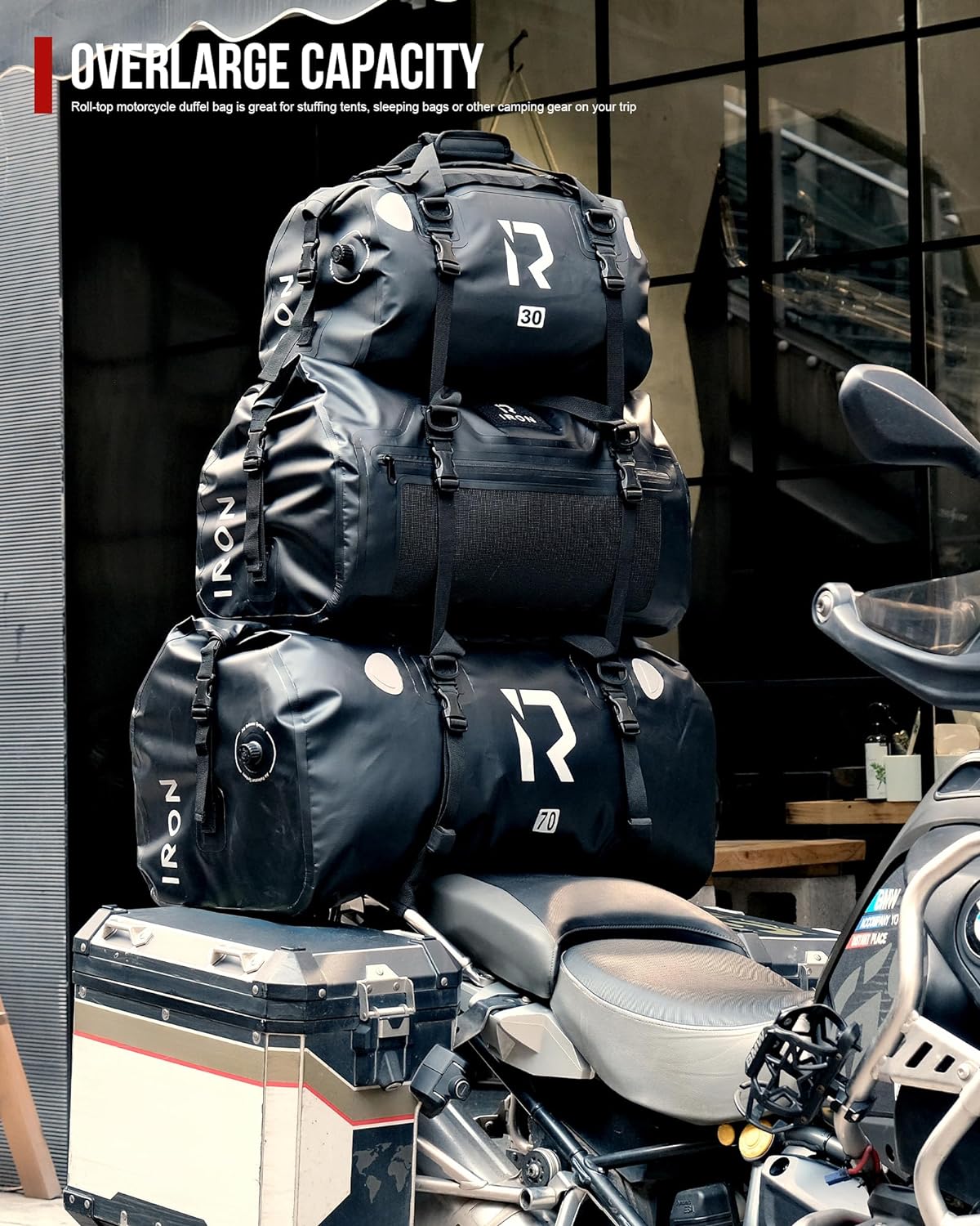 IRON JIA'S Motorcycle Dry Bag - Waterproof Duffle & Luggage Tail Bag Saddle Bags with Roll Top Closure, Shoulder Straps, Inner Pocket and Mesh Pocket (Black, 50L)