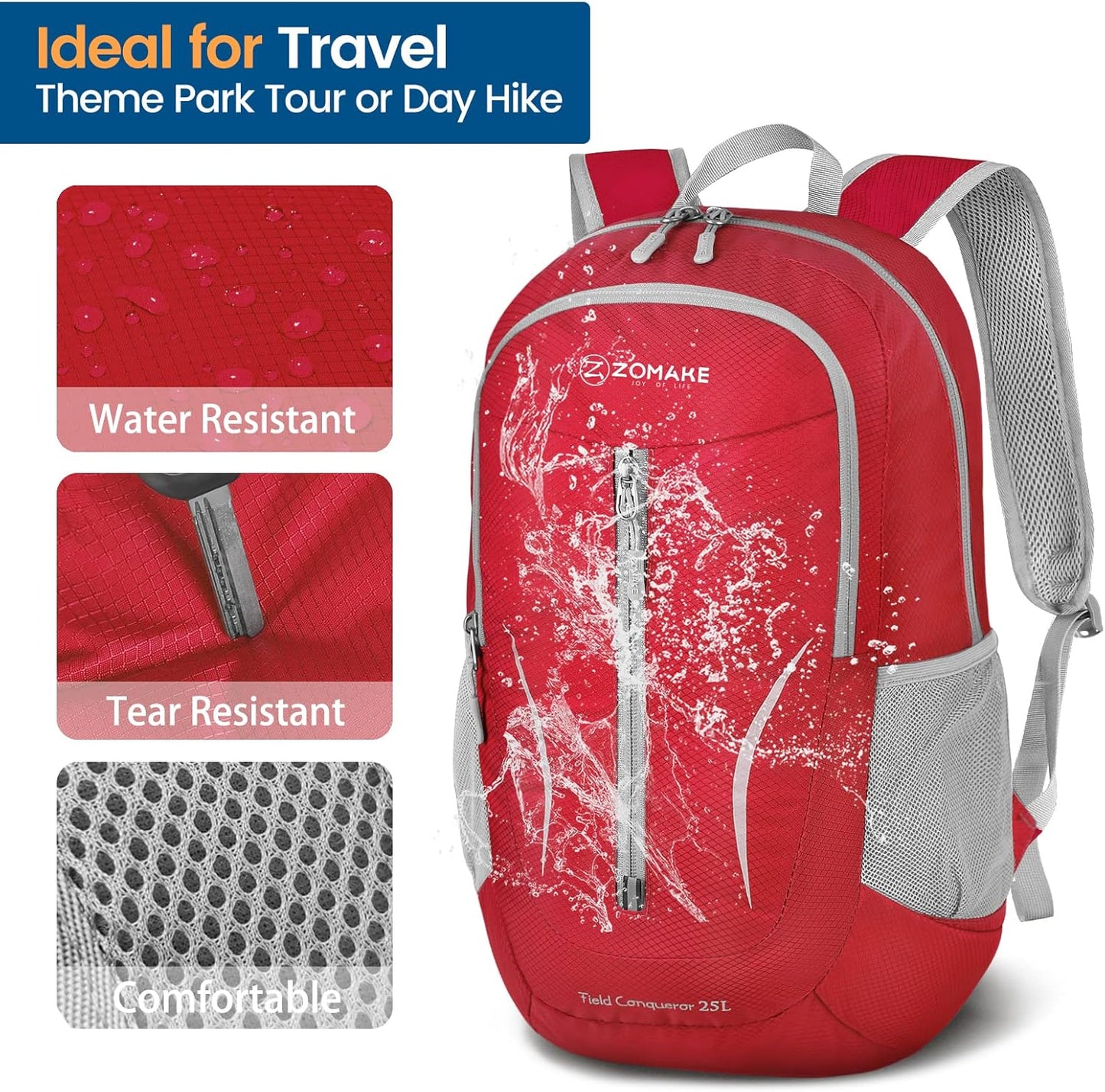 ZOMAKE Ultra Lightweight Packable Backpack 25L, Foldable Hiking Backpacks Water Resistant Small Folding Daypack for Travel(Red)