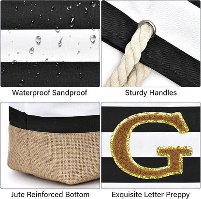 Becokan Beach Bag Initial Beach Tote with Makeup Bag for Travel Work Storage Personalized Birthday Gifts for Women Her