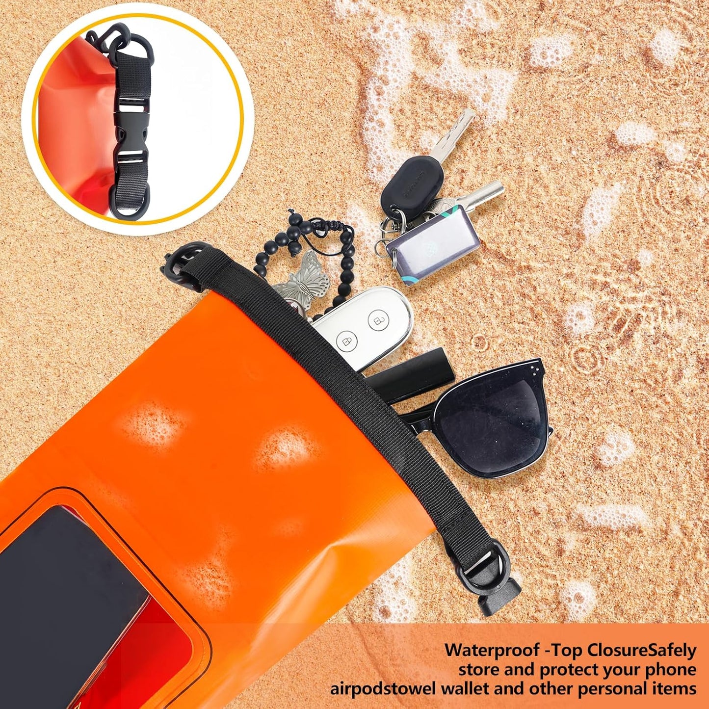 IP68 Waterproof Dry Bag, 2L - Roll Top Waterproof Pool Bag，Dry Bags for Kayaking Waterproof-w/Phone Pouch,Large Waterproof Phone Pouch,Boating & Kayak Accessories Camping (Orange 2L)