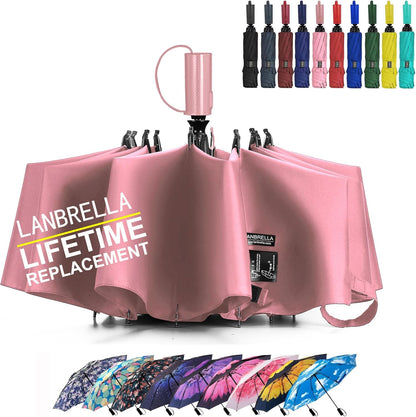 LANBRELLA Compact Reverse Folding Umbrella Auto Windproof Travel Umbrella