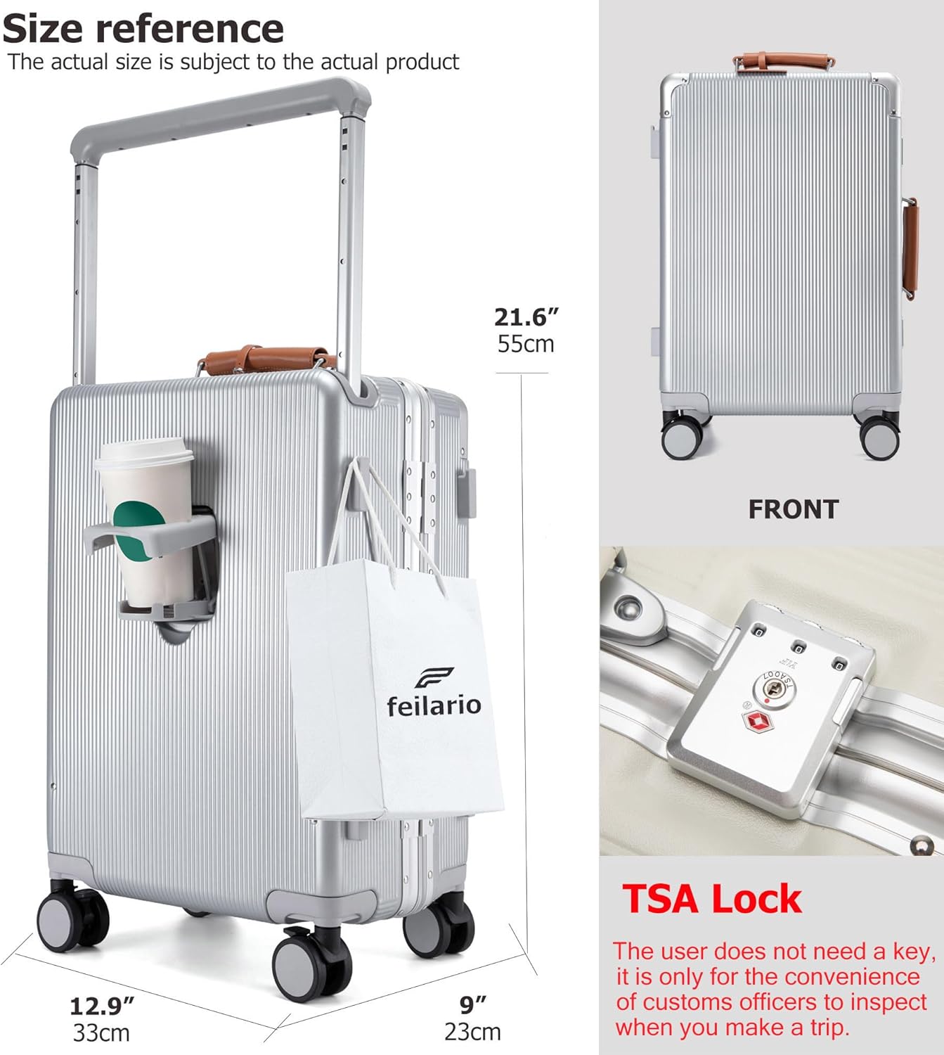 feilario 20'' Aluminum Frame Wide Handle PC Hardside Carry On Luggage - Double Spinner Wheels Luxury Rolling Travel Suitcase with TSA Lock & Cup Holder