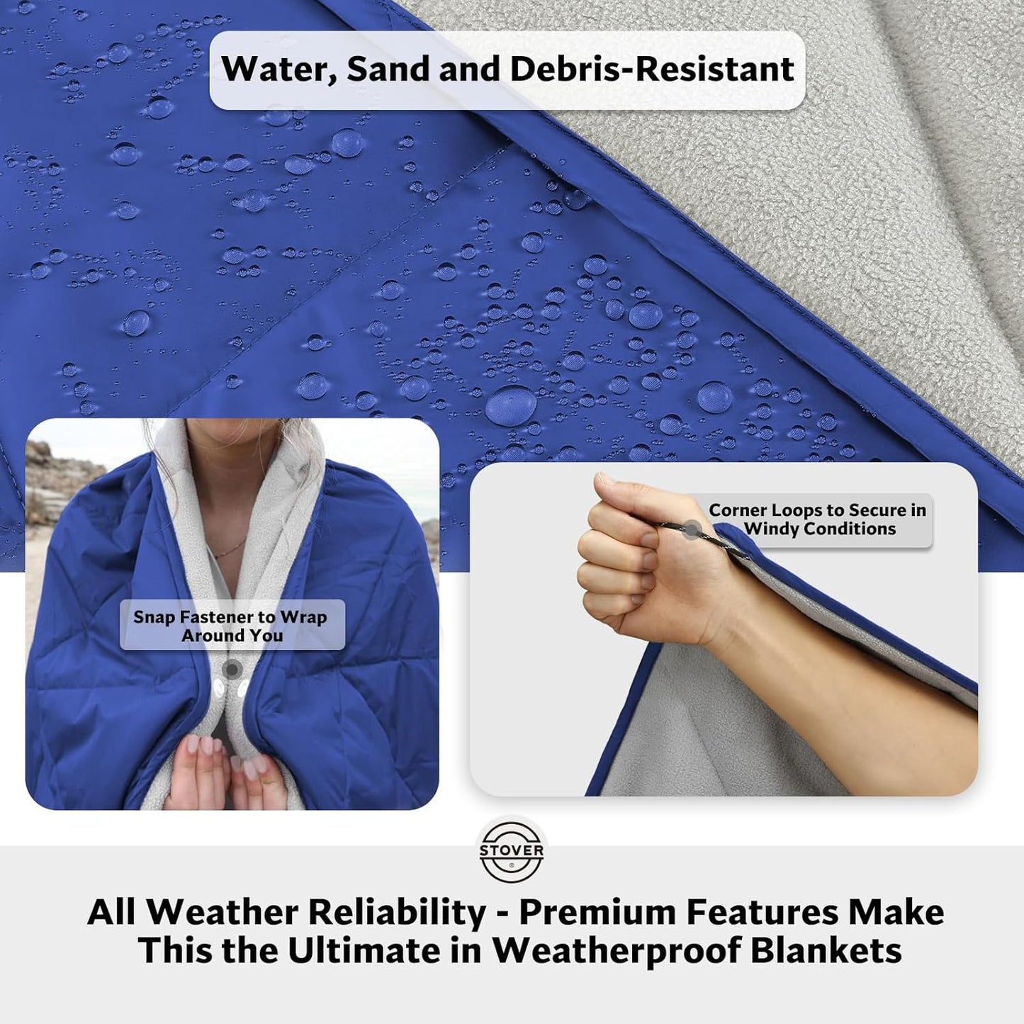 STOVER Outdoor Waterproof Fleece Travel Blanket for Camping, Picnics, Stadiums, Sports, The Beach– Warm, Windproof, Compact, Lightweight & Sand-Resistant (Navy Blue)