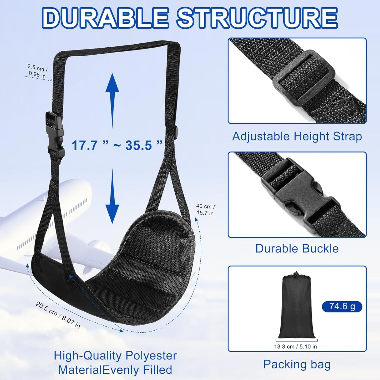 Airplane Footrest Hammock, Foot Hammock for Plane Travel, Portable Height Adjustable Travel Footrest Hammock Accessories, Lightweight Foot Hammock Suitable for Offices, Cars, and Airplanes