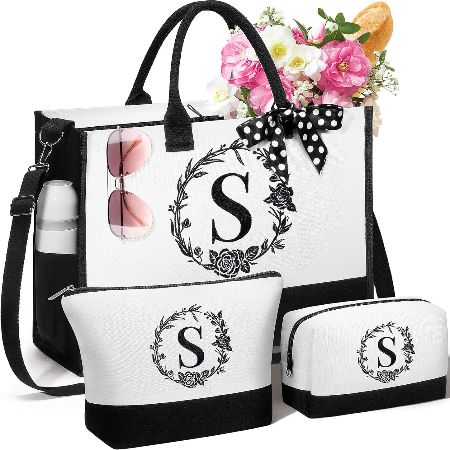 Personalized Mothers Day Gifts for Mom Women, Initial Canvas Tote Bag & Makeup Bag Monogrammed Beach Tote Bag for Women w/Zipper, Birthday Gifts for Her Sister Friend Girlfriend Wife Daughter Teacher