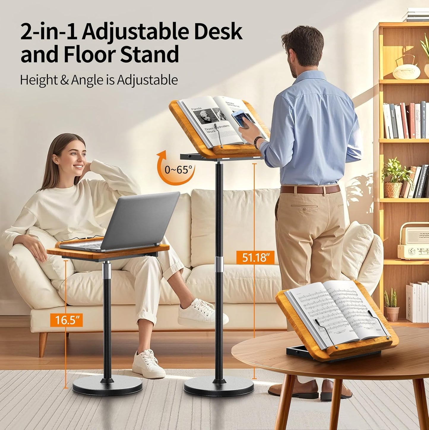2 in 1 Dual-use Laptop Floor Stand & Laptop Stand for Desk, Solid Wood Portable Small Standing Desk with Adjustable Height from 16.5" to 51", Tall Portable Table for Office, Home, Study, Entertainment