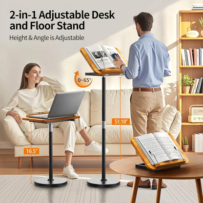 2 in 1 Dual-use Laptop Floor Stand & Laptop Stand for Desk, Solid Wood Portable Small Standing Desk with Adjustable Height from 16.5" to 51", Tall Portable Table for Office, Home, Study, Entertainment