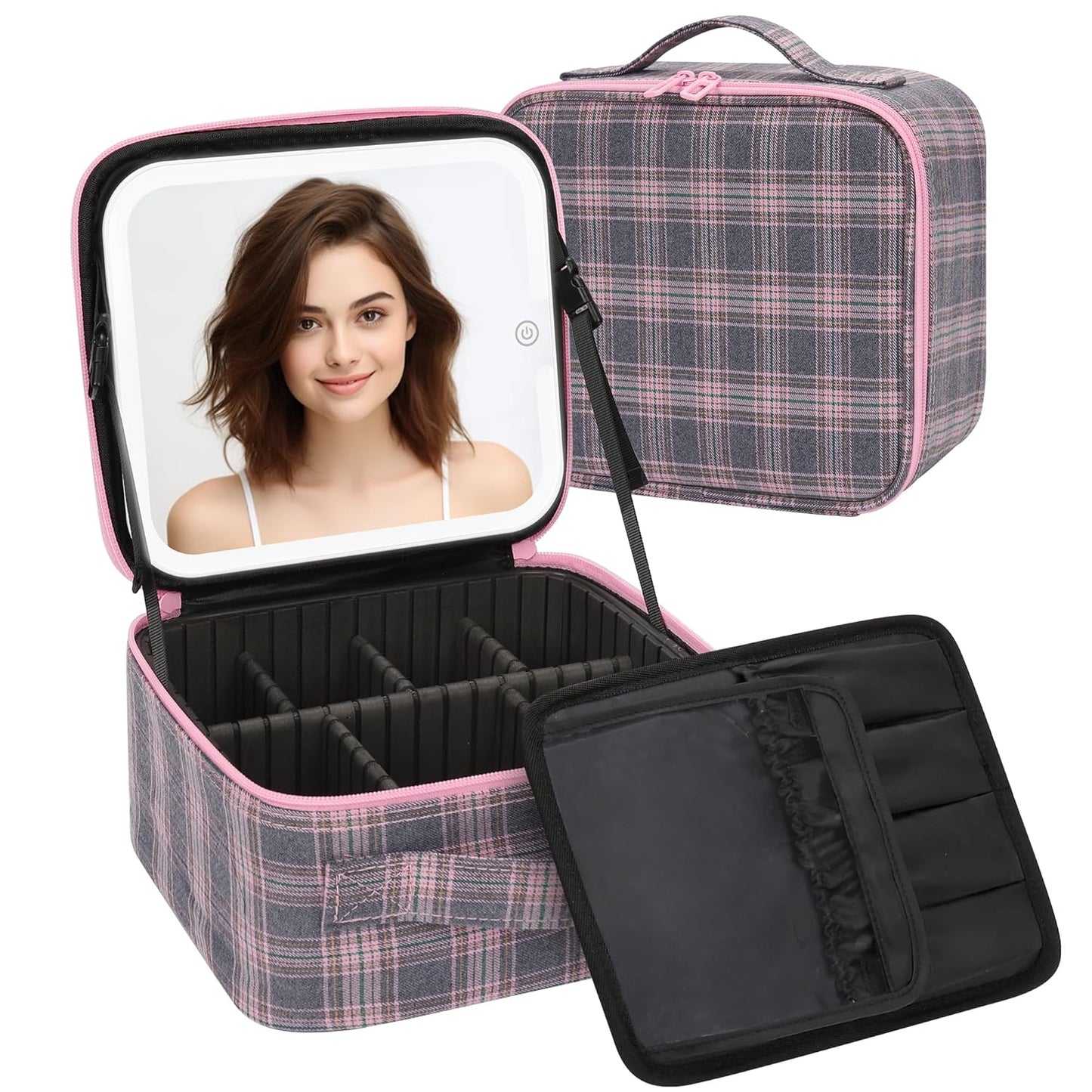Makeup Bag With LED Mirror, Travel Makeup Case with Light up Mirror Large Cosmetic Case with 3 Color Lighted Portable Organizer Bag with Adjustable Dividers(Pink/Grey Stripes-Canvas, Small)