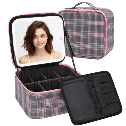 Makeup Bag With LED Mirror, Travel Makeup Case with Light up Mirror Large Cosmetic Case with 3 Color Lighted Portable Organizer Bag with Adjustable Dividers(Pink/Grey Stripes-Canvas, Small)