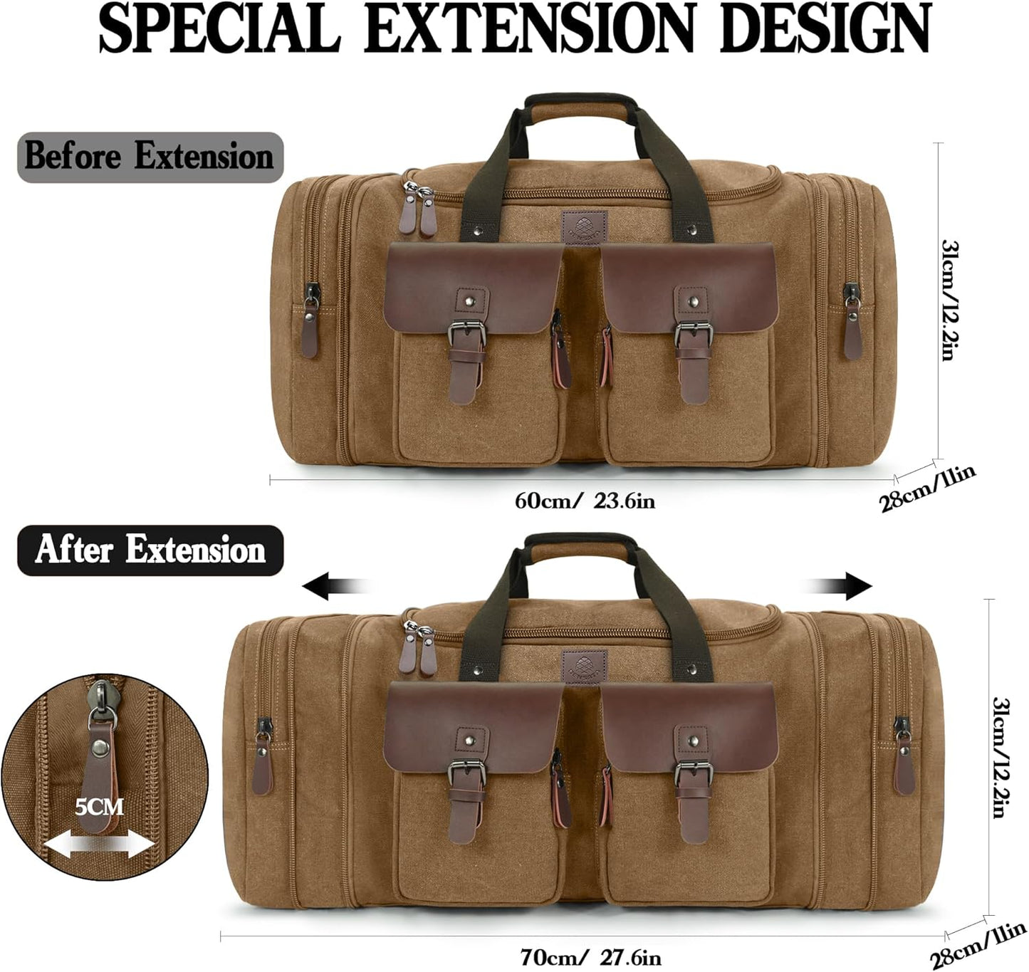 Canvas Duffle Bag for Men 60L Travel Duffel Bags Expandable Genuine Leather Duffel Overnight Weekender Carry On Bag Two Zipper Pockets Travel Bag (Coffee, X Large-60L)