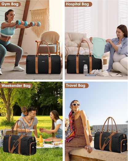 Women Duffle Weekender Travel Bag: Large Duffel Bags with Shoe Compartment Carry On Overnight Tote with Wet Pocket Traveling Weekend Gym Yoga Hospital Bag for Womens Black Brown