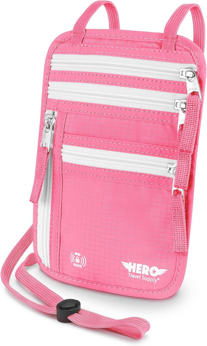 Hero Travel Supply Neck Wallet, RFID Blocking Passport Holder, Easy to Conceal Pouch (Hot Pink)