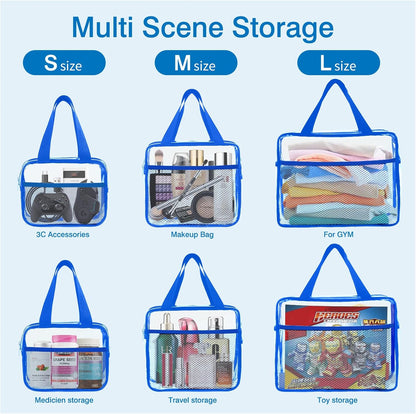 XEWEA Clear Travel Toiletry Bags, 3 Pack TSA Approved Transparent Makeup Bag for Men Women, Large Waterproof PVC Quart Organizer with Zipper for Toiletries Airline Essentials,Toy Storage Pouch Blue
