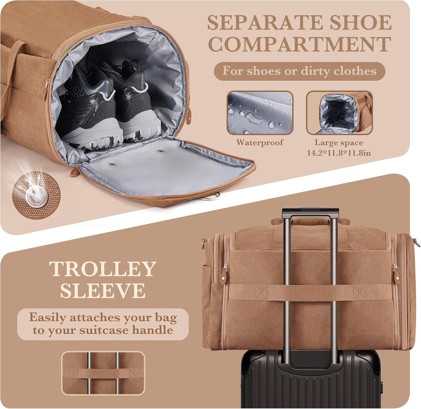 SHOWKOO Duffle Bag for Travel 60L Expandable Canvas Travel Bag Durable Vintage Weekender Overnight Carry On Bag for Men(Khaki)