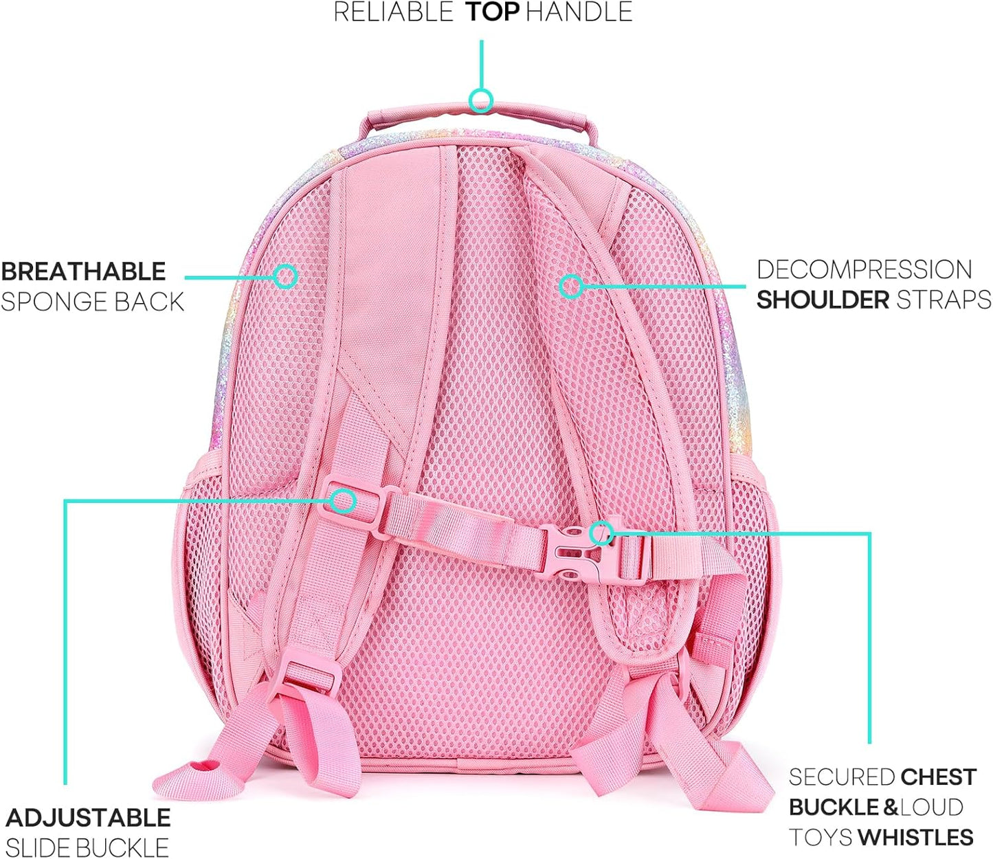 mibasies Toddler Backpack for Girls 2-4: Glitter Kids Backpacks for Girls - Preschool Kindergarten Backpack - Rainbow Pink