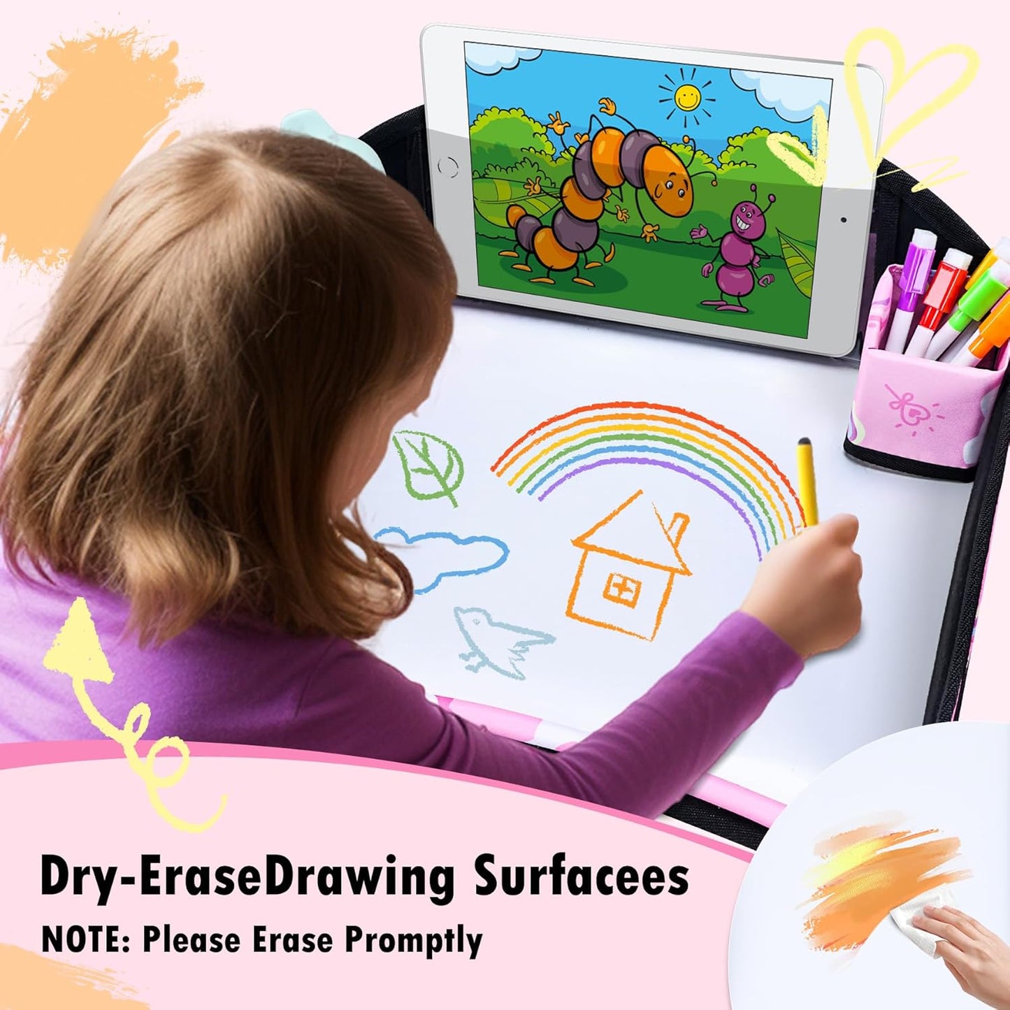 Kids Travel Tray, Car Seat Tray for kids Travel, Toddler Road Trip Essentials With Drawing Kit, Toddler Lap Desk Organizer for Car, Carseat Table for Airplane