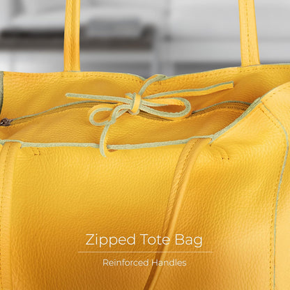 Italian Calf Leather Tote for Women with Zipper, Inner Pocket & Flat Base | Soft Unlined Shopper for Work & Travel