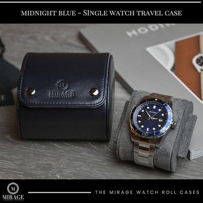 Single Watch Case - 1 Watch Travel Case Holder - Midnight Blue Swiss Motif Vegan Leather