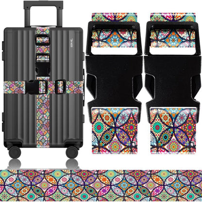 2 Pack Luggage Straps for Suitcases Adjustable Luggage Belt TSA Approved, Bright Colors Travel Packing Straps with Quick Release Buckle Unique Nylon for Sleeping Bag Car Seat, Bohemia