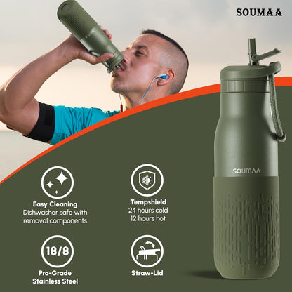 Insulated Stainless Steel Water Bottles with Straw, Wall Vacuum Insulated Water Bottle for Gym Traveling Camping Hiking Outdoor Activity(2 Cleaning Brushes+1 Carabiner, 18 oz Green)