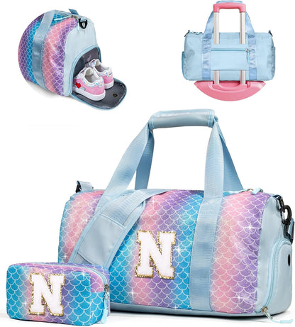 Pretee Girl Gifts-Girl Gym Bag with Shoe Compartment, Kid Personalized Weekender Overnight Bags, Initial Travel Tote with Makeup Pouch, Gift Ideas for Niece Sister (Letter O)
