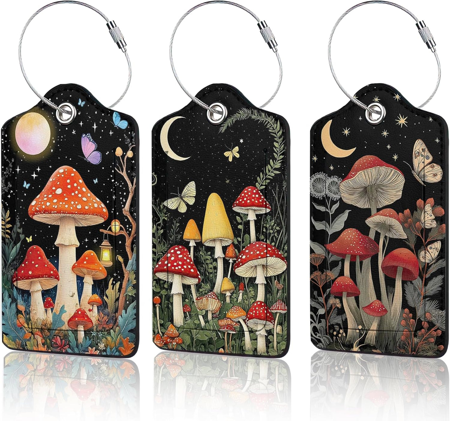 3 PCS Mushroom Luggage Tags,Colorful Butterfly Moon Star Suitcase Tags Privacy Cover ID Label with Stainless Steel Loop and Address Card for Travel Bag Suitcase