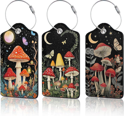 3 PCS Mushroom Luggage Tags,Colorful Butterfly Moon Star Suitcase Tags Privacy Cover ID Label with Stainless Steel Loop and Address Card for Travel Bag Suitcase