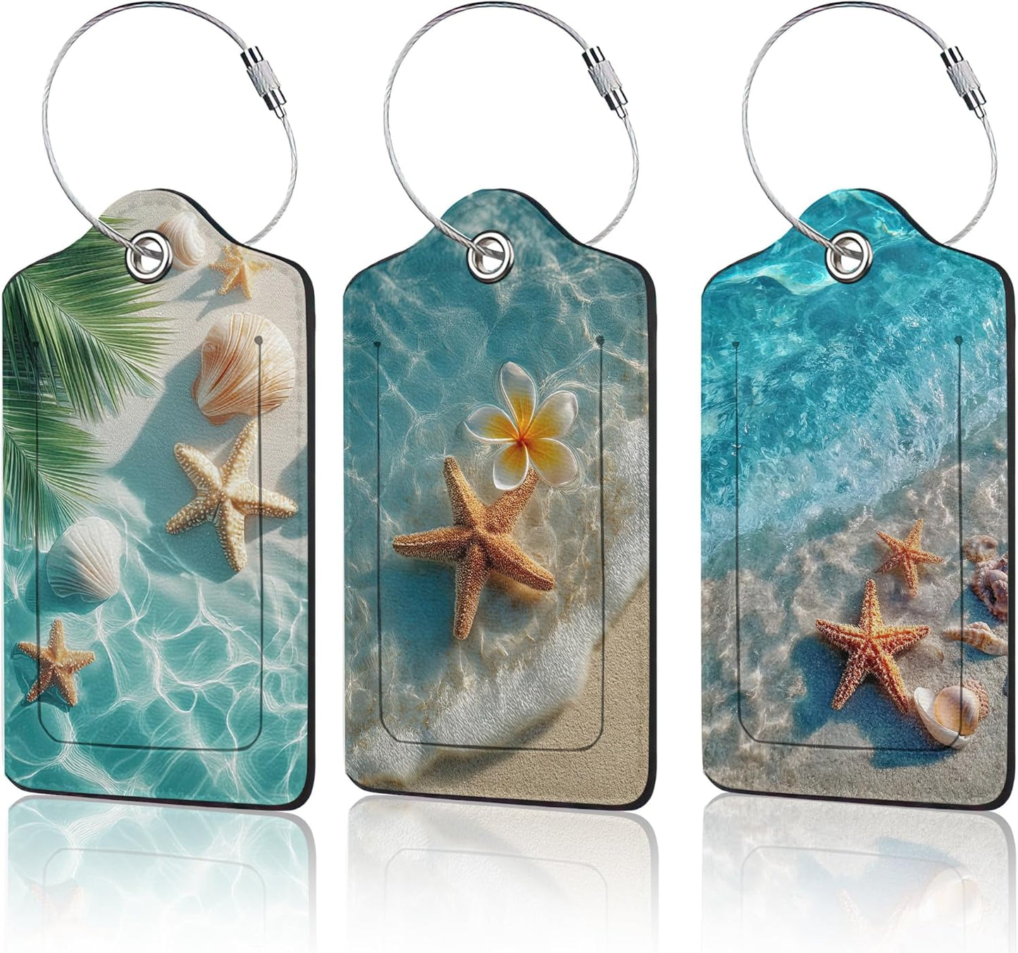 Starfish Seashell on Beach Luggage Tags for Suitcase,3 Pack Luggage Tag Leather Privacy Cover ID Label with Stainless Steel Loop for Women Men