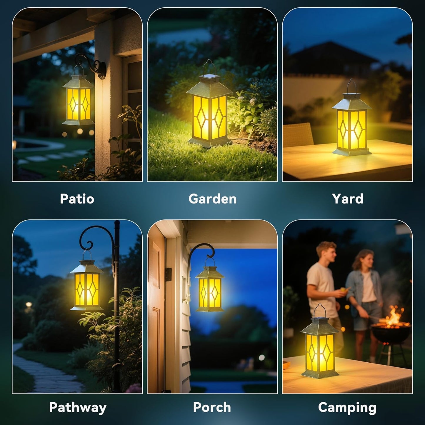 2Pack Patina 13" Metal & Glass Solar Lantern with Flickering Flame, Outdoor Waterproof Hanging Lantern for Garden Patio Yard Pathway Porch Decorative, Vintage Gifts for Mom
