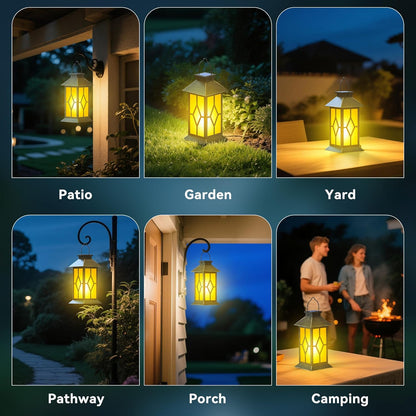 2Pack Patina 13" Metal & Glass Solar Lantern with Flickering Flame, Outdoor Waterproof Hanging Lantern for Garden Patio Yard Pathway Porch Decorative, Vintage Gifts for Mom