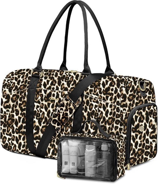 Women Duffle Weekender Travel Bag: Large Duffel Bags with Shoe Compartment Carry On Overnight Tote Bag with Wet Pocket Toiletry Bag Traveling Weekend Gym Yoga Hospital Bags for Womens Brown Leopard