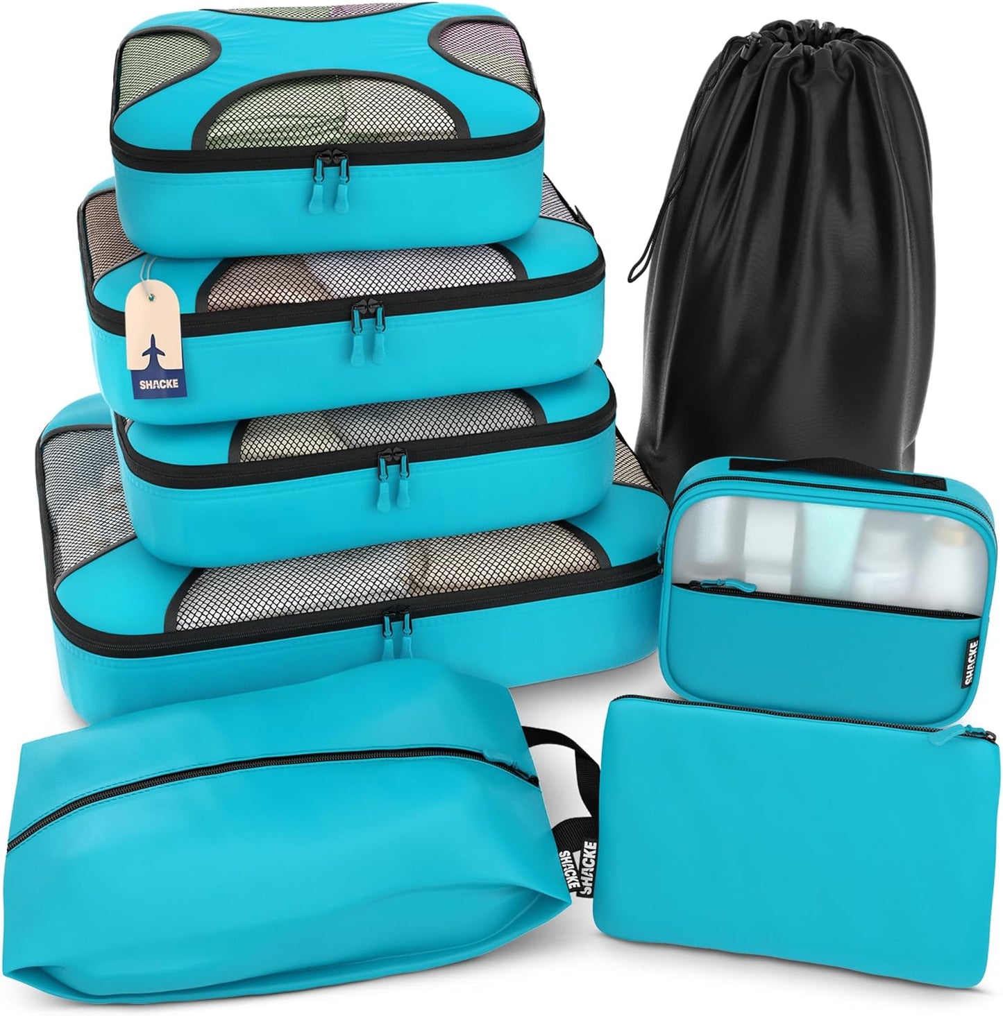Shacke Premium 8 Packing Cubes Set - Lightweight Mesh Travel Luggage Organizers with Laundry Bag, 8-Piece Suitcase Storage System (Aqua Teal)