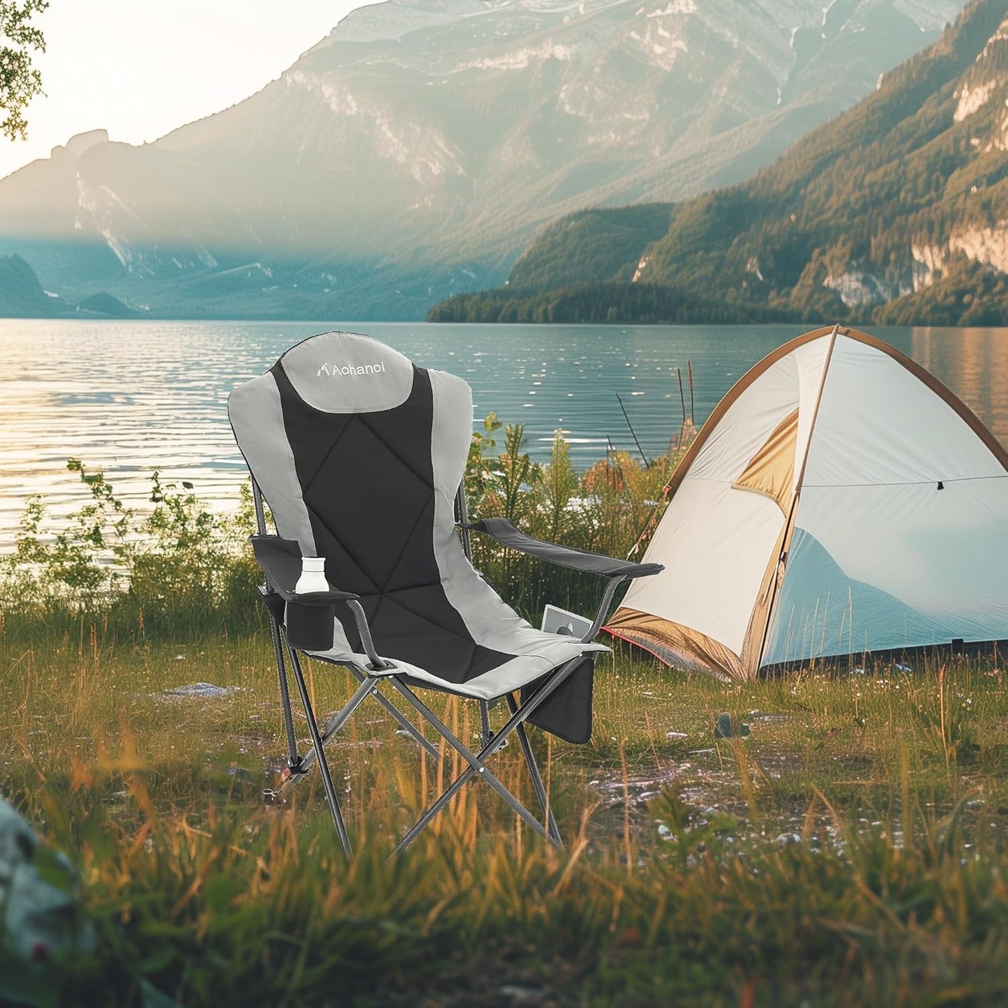 Camping Chairs, Portable Camp Chairs for Heavy People with Adjustable Angled Backrest, Outdoor Folding Camping Chairs for Outside Supports up to 350lbs, Carry Bag Included