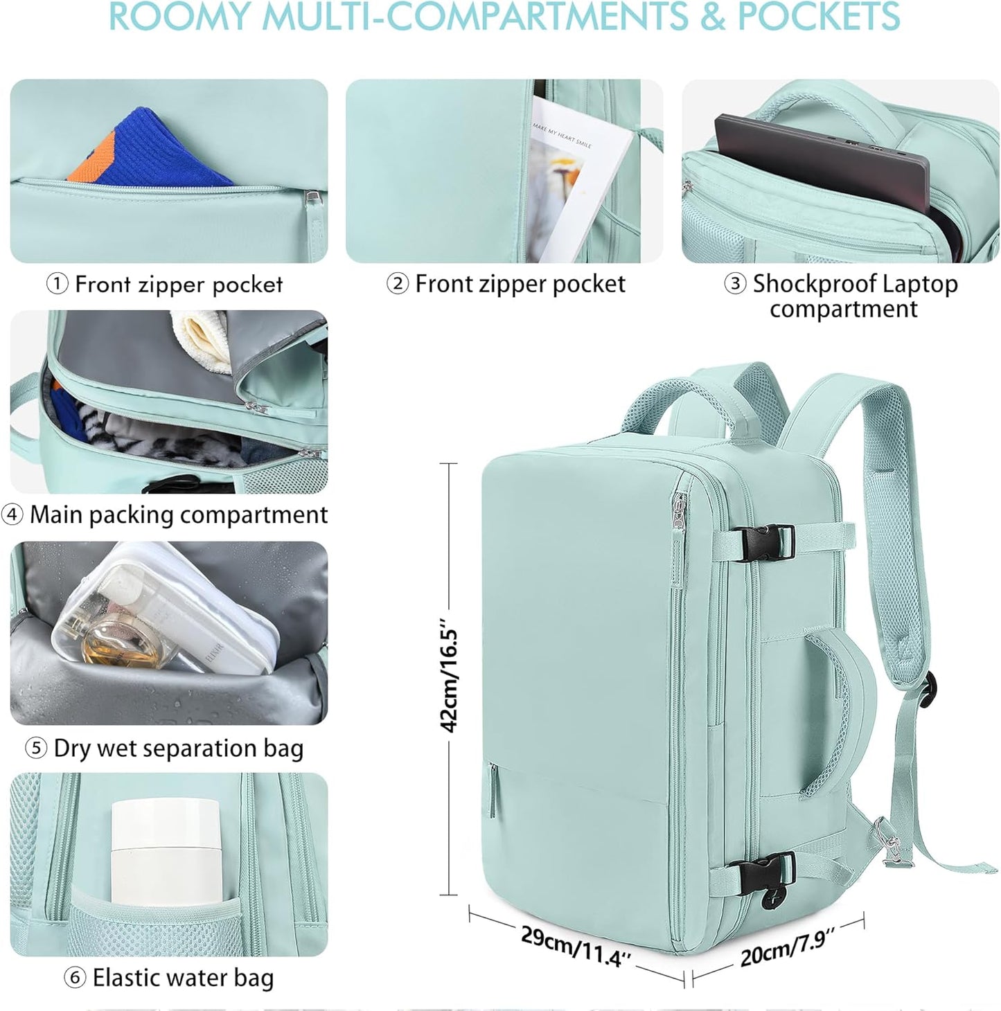 Beraliy Travel Backpack for Women, Airline Approved Bag, 16 inch Laptop Waterproof Hiking Backpack, Casual College Daypack, Weekender Bag, Mint Green