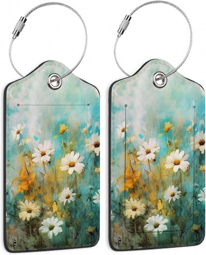 2 Pack Luggage Tag for Suitcase, Vintage Wild Flowers Leather Bag Tags Identifiers Privacy Cover ID Label with Durable Steel Loop for Women Men Kids Girls Travel