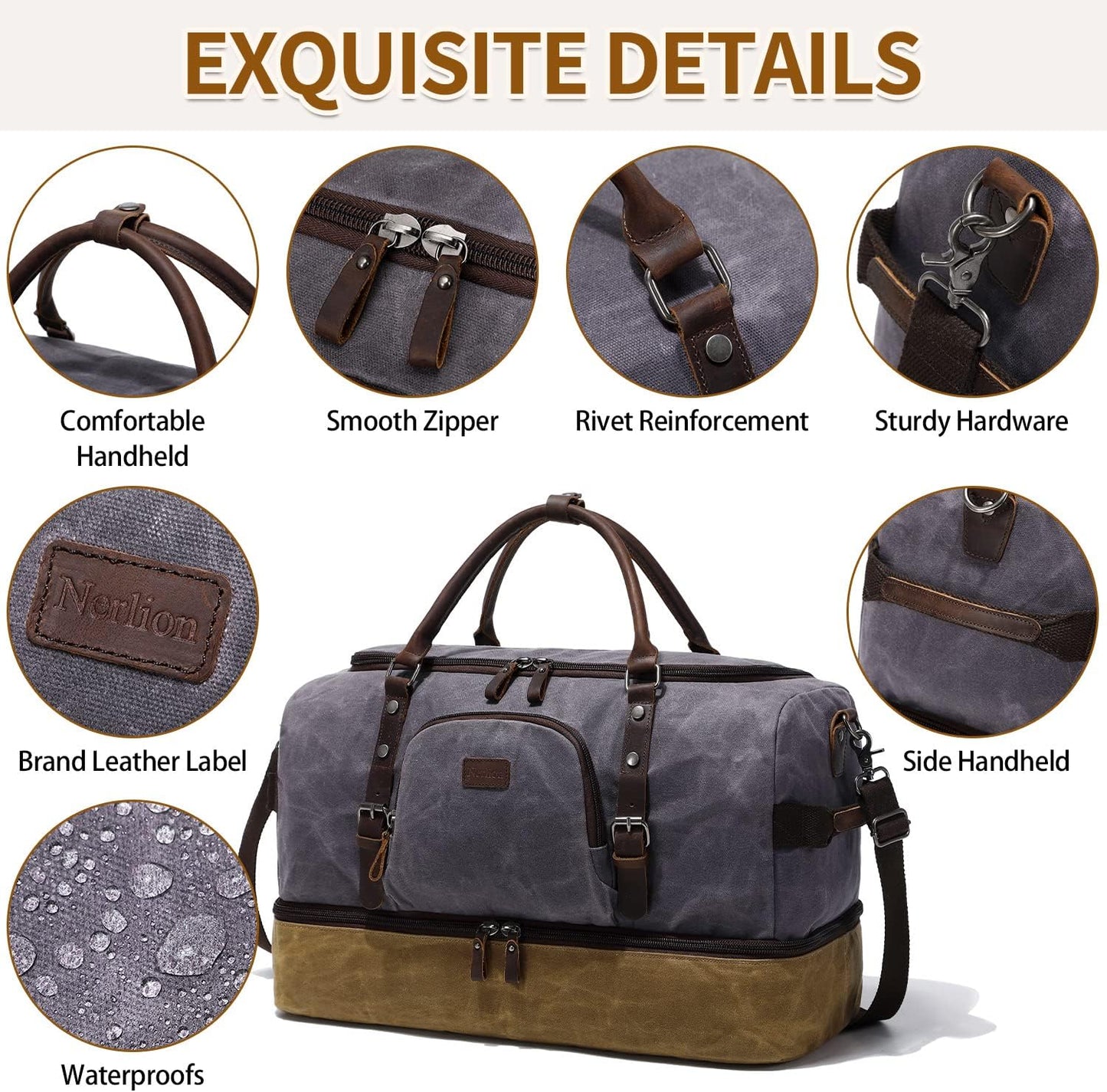 Nerlion Weekender Bag with Shoe Compartment Large Overnight Bag for Men Canvas Genuine Leather Carry on Luggage Bag Travel Duffel Bag(Gray)