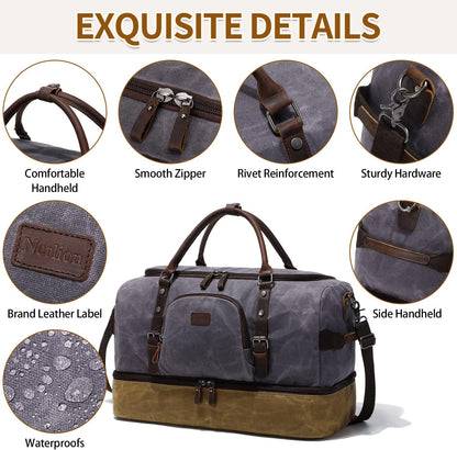 Nerlion Weekender Bag with Shoe Compartment Large Overnight Bag for Men Canvas Genuine Leather Carry on Luggage Bag Travel Duffel Bag(Gray)