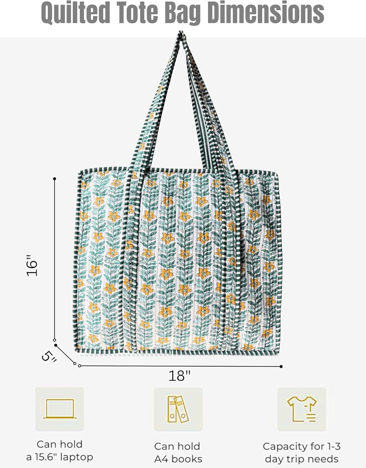 Cotton Quilted Tote Bag for Women – Large Beach & Travel Tote with Zipper, Reusable Grocery Bag