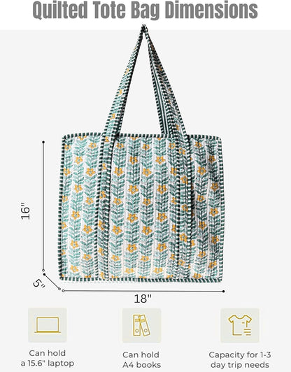Cotton Quilted Tote Bag for Women – Large Beach & Travel Tote with Zipper, Reusable Grocery Bag
