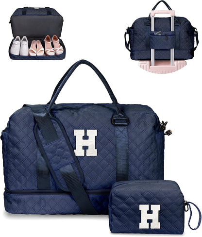 Gifts for Teen-Girls-Initial Duffle Bag with Shoe Compartment, Personalized Weekender Bag, Monogram Overnight Bag, Travel Bag with Makeup Bag，Birthday Gift Graduate Gifts for Her (Letter H)