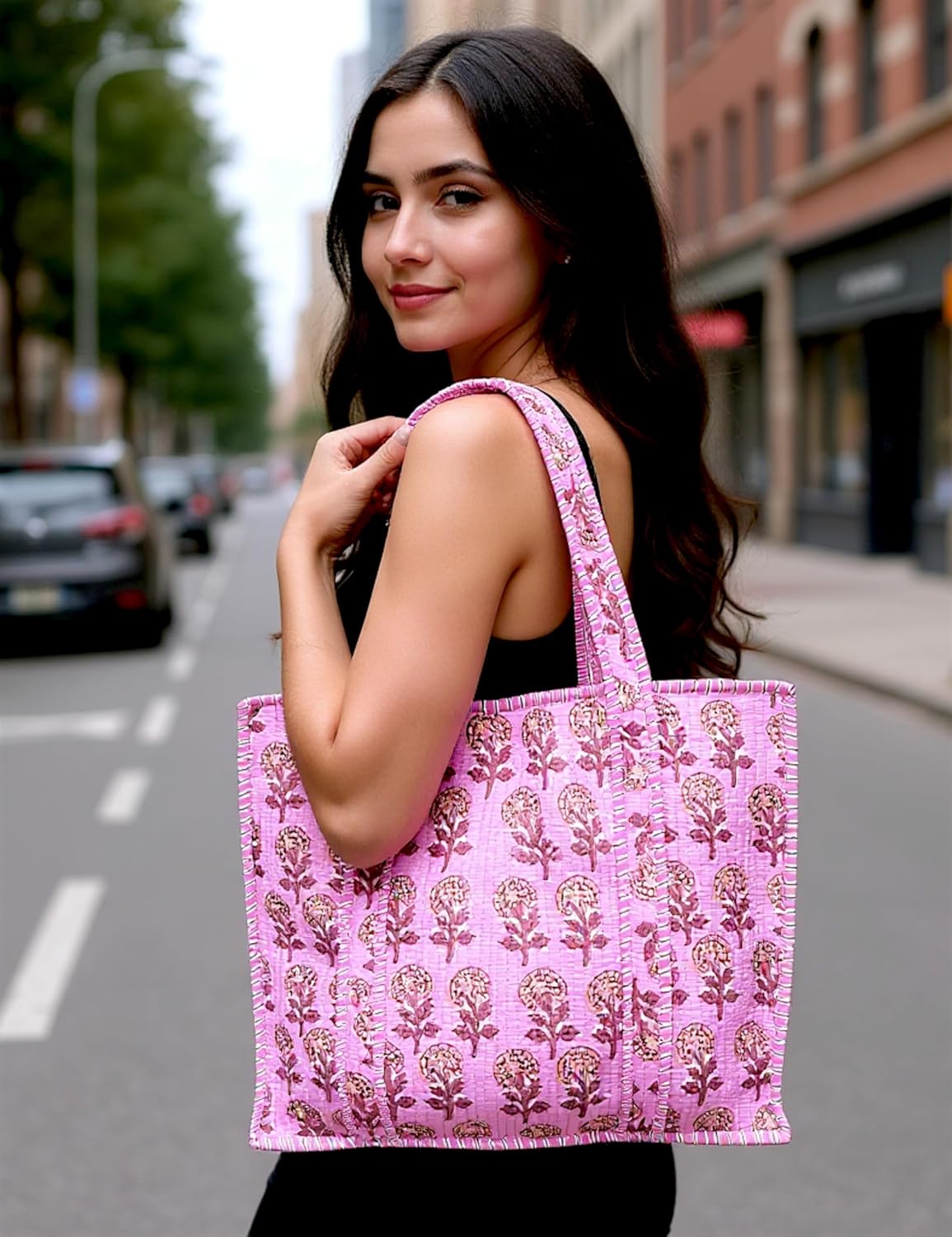 Cotton Quilted Tote Bag for Women – Large Beach & Travel Tote with Zipper, Reusable Grocery Bag